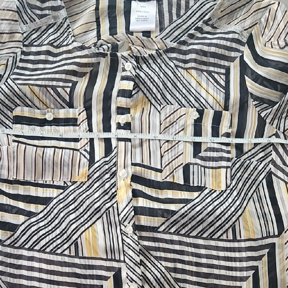 Geometric Pattern Metallic Thread Button Down Blo… - image 6